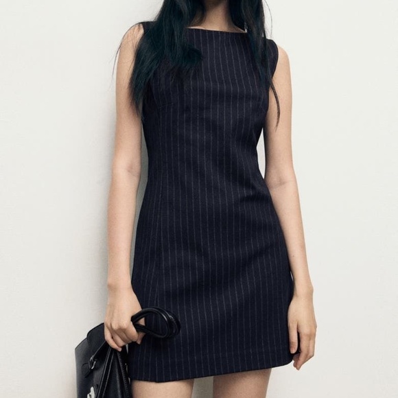 90s Pinstripe Mini Dress Short Thigh Length High Neckline Pleated Fitted Stripes - Picture 1 of 14